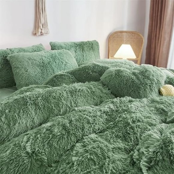 QUEEN ONLY   Fluffy  Comforter Cover Set Faux Fur Green Bedding 3 Pieces… - Picture 1 of 15